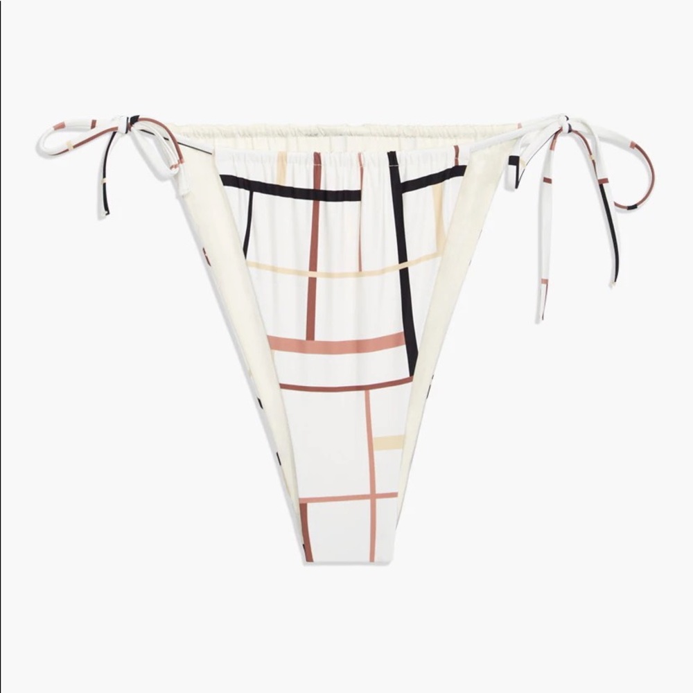 WeWoreWhat Ruched String Bikini Bottom, Pearl Multi Geo Lines - NWT - L